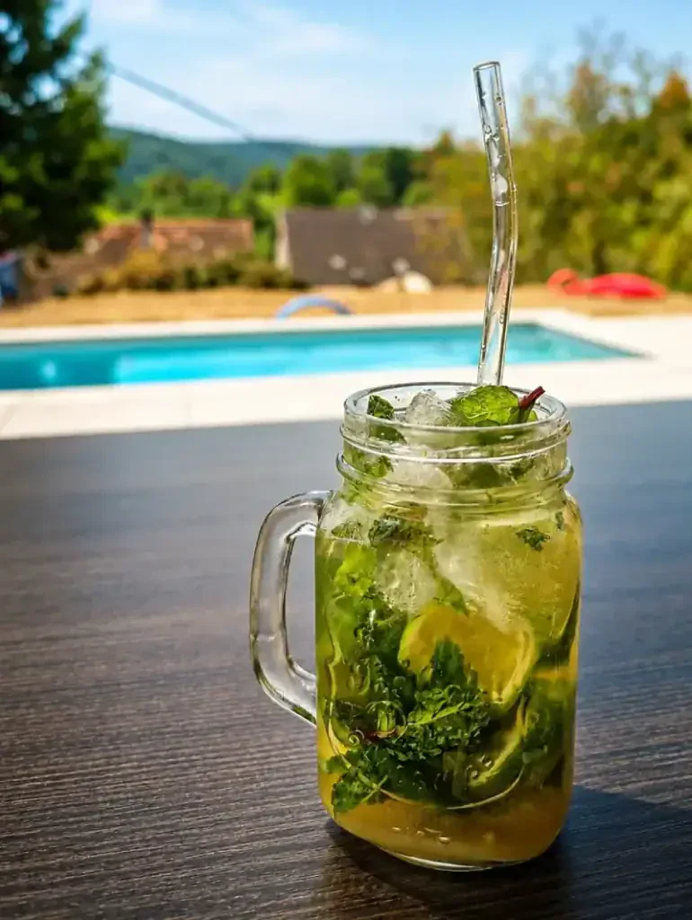 Détente et cocktail devant une piscine coque, en Alsace