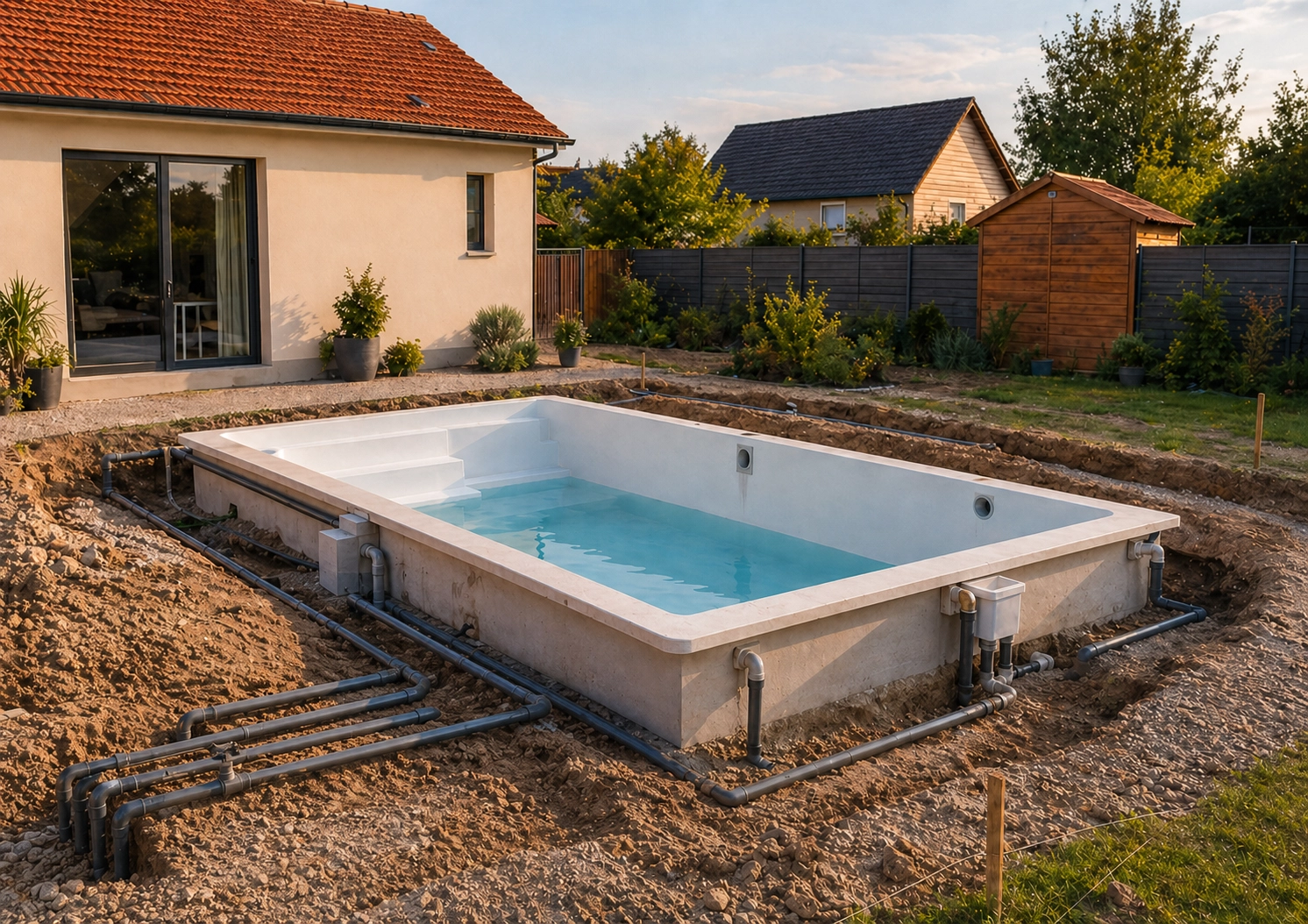 Étape 3 de l’installation d’une piscine coque : pose du bassin et raccordements hydrauliques