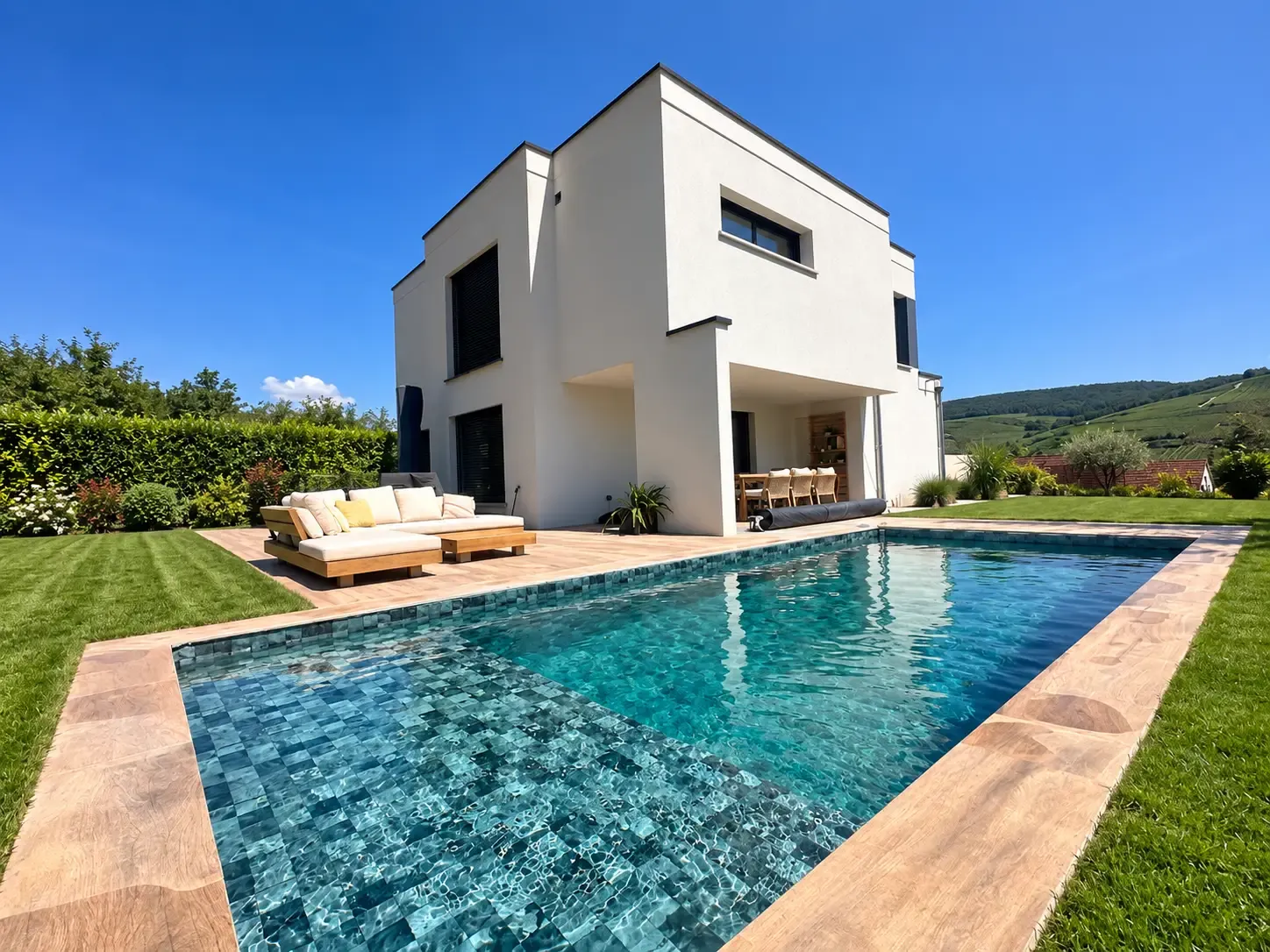 Piscine béton avec escalier immergé, terrasse et pelouse devant une maison à Soultzmatt