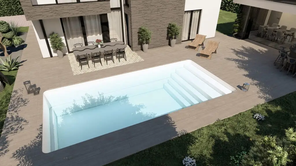 Illustration d’une piscine Cynthia entourée d’une terrasse, avec escalier droit sur toute la largeur