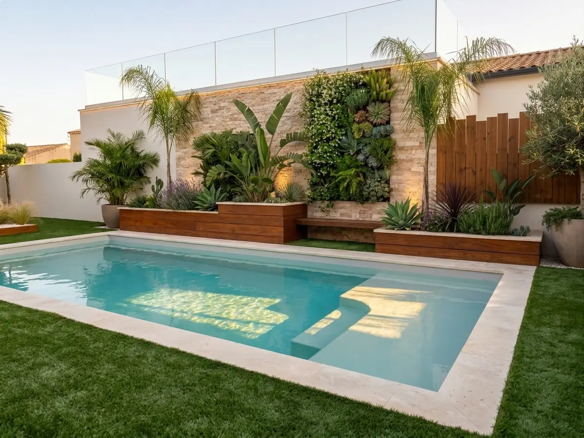 Piscine coque et jardin aménagé