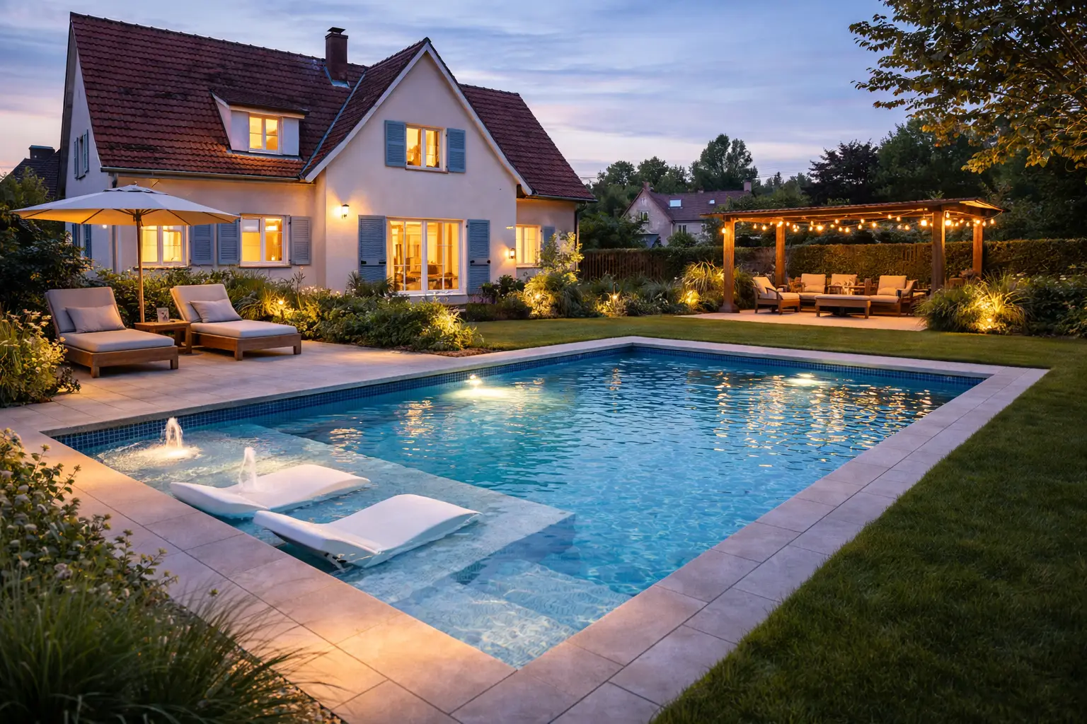 Piscine avec plage immergée et jets d’eau, terrasse en pierre et pergola au crépuscule.